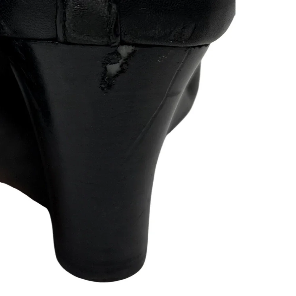 TORY BURCH Black Leather Caroline Wedge Pumps, Size 10